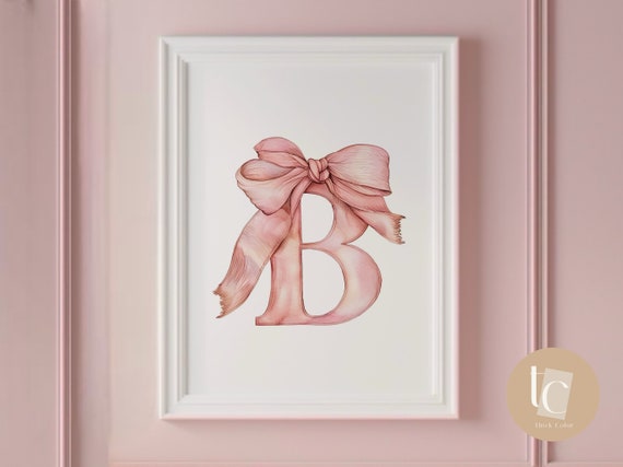 Baby Initial Pink B Watercolor Nursery Vintage Bow Print Ribbon Wall Art Prints Girl Decor Alphabet