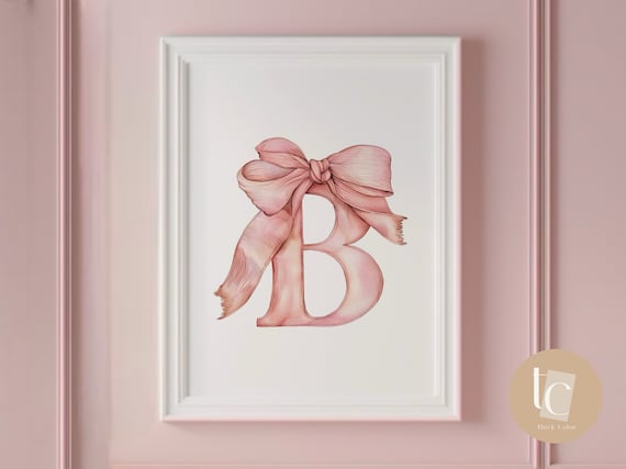 Pink Watercolor Letter B With Ribbon Bow Nursery Initial Poster