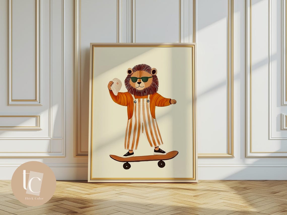 Funny Cartoon Lion in Sunglasses Riding a Skateboard Nursery Poster