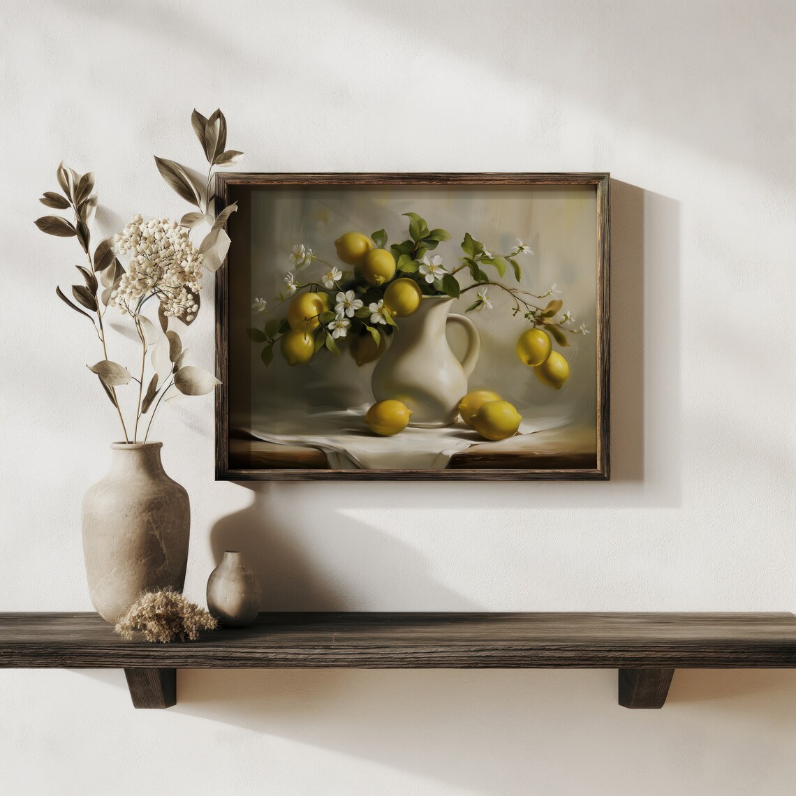 Lemons White Blossoms White Pitcher Rustic Still Life Kitchen Art Print - Image 2