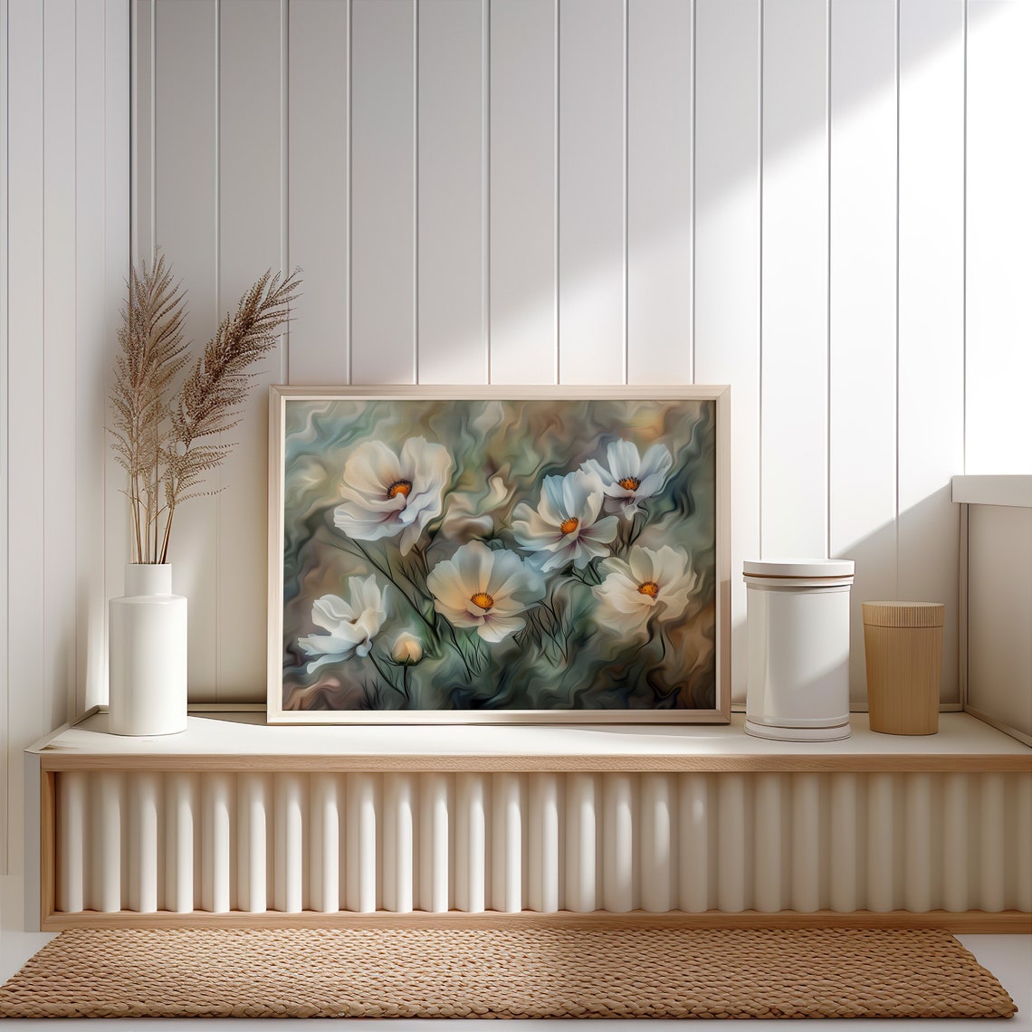 White Cosmos Flowers Abstract Floral Oil Painting Botanical Wall Art - Image 4