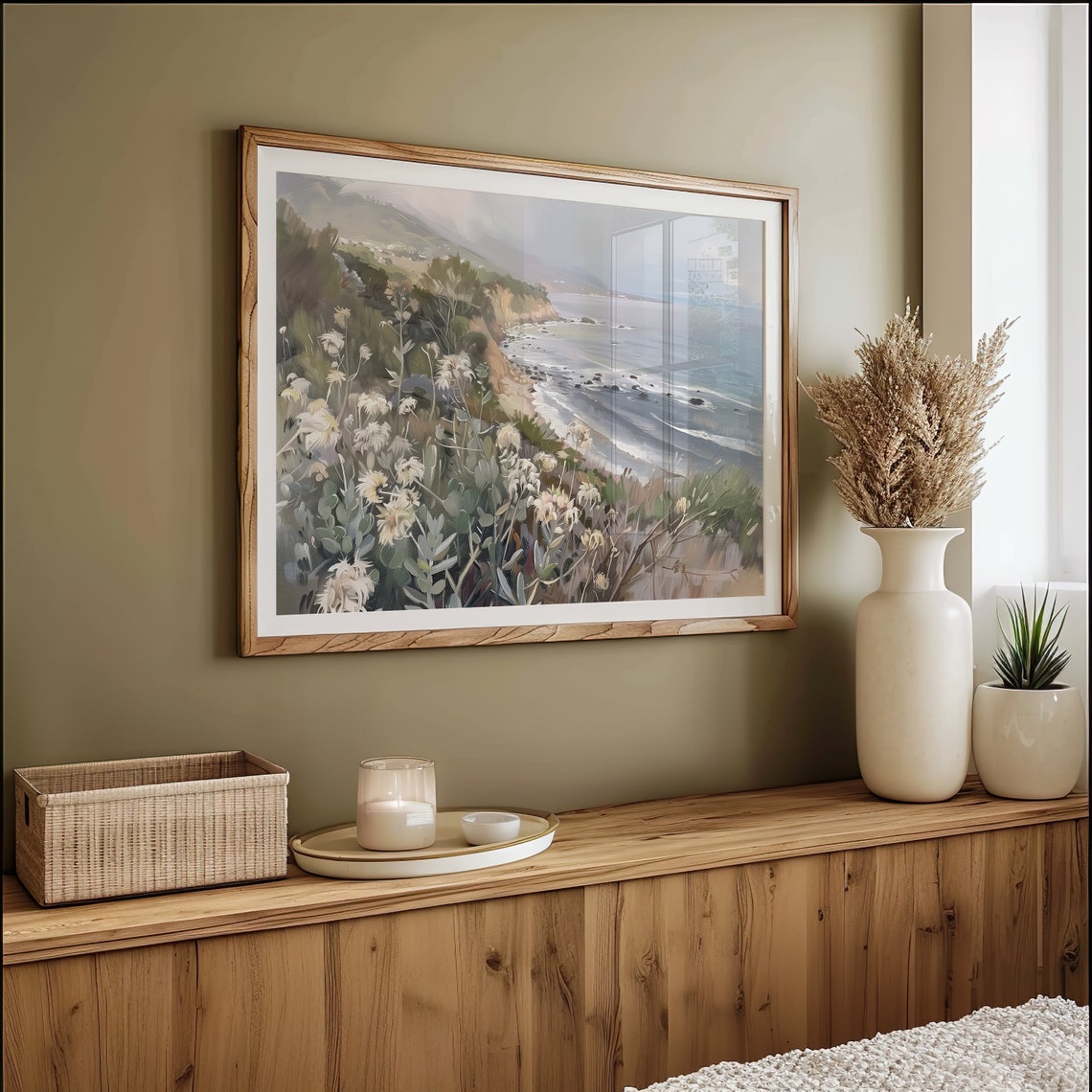 California Coastal Cliffs Wildflowers Ocean View Oil Painting Wall Art - Image 3