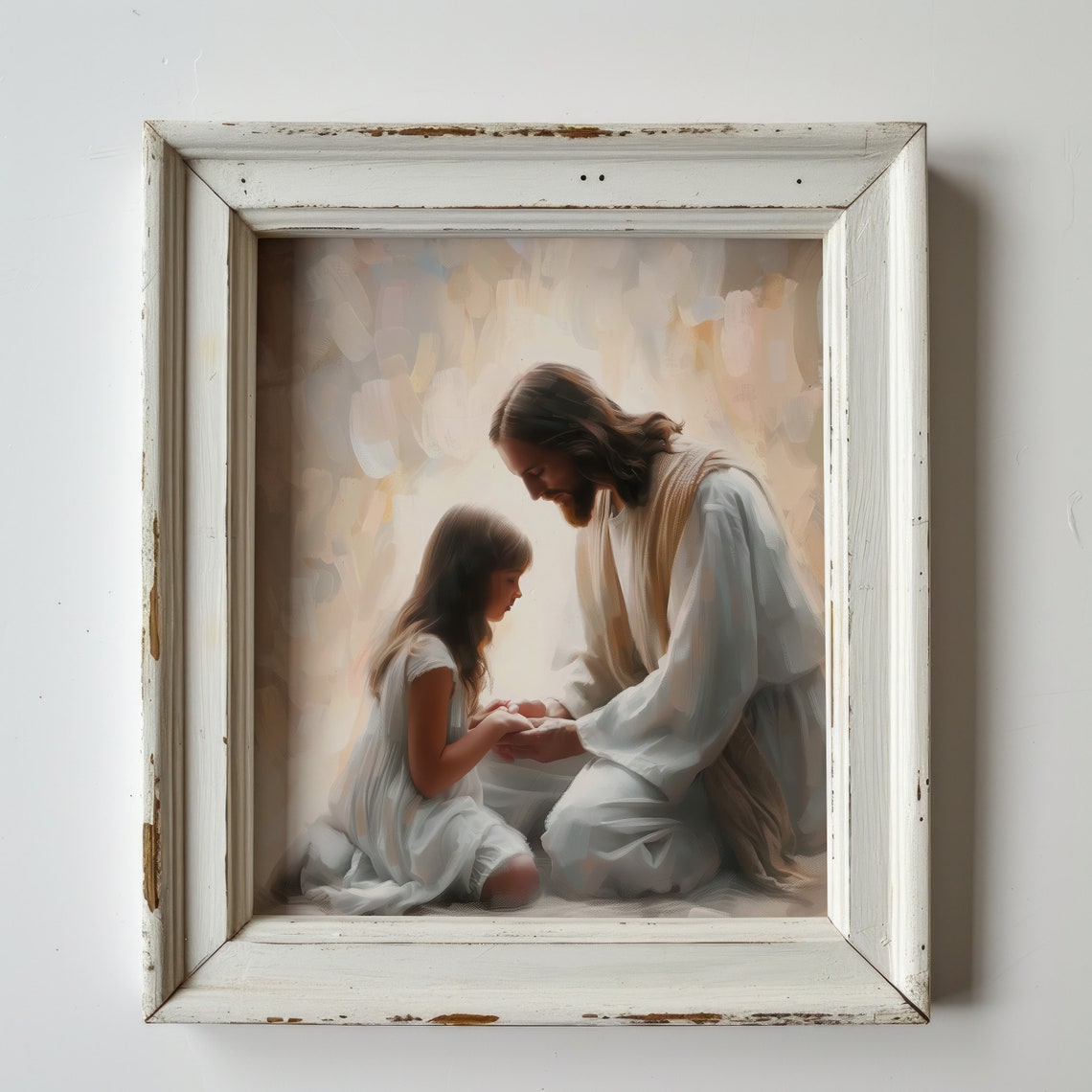 Jesus Praying With Young Girl Soft Light Christian Wall Art Print - Image 2