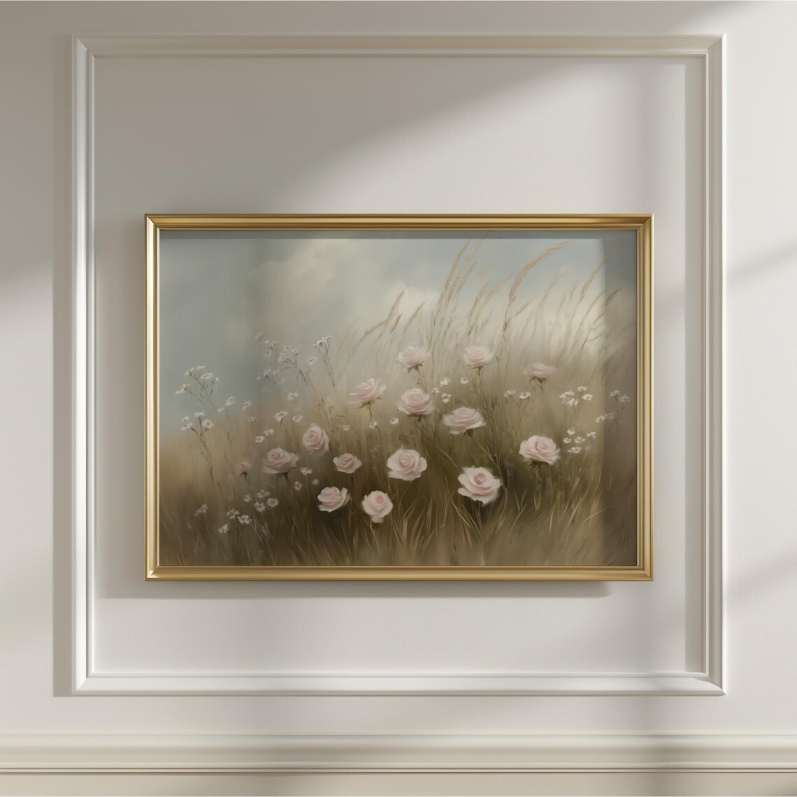 Pink Roses In Tall Meadow Grass Romantic Floral Oil Painting Print - Image 5