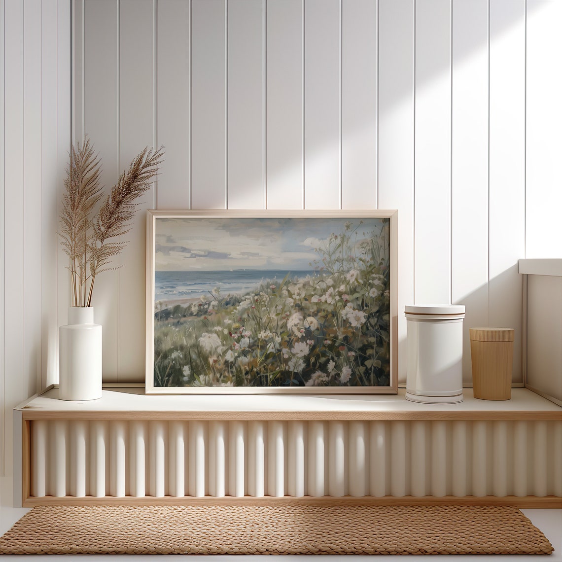 Coastal Wildflower Meadow Ocean Beach View Soft Blue Landscape Poster - Image 2