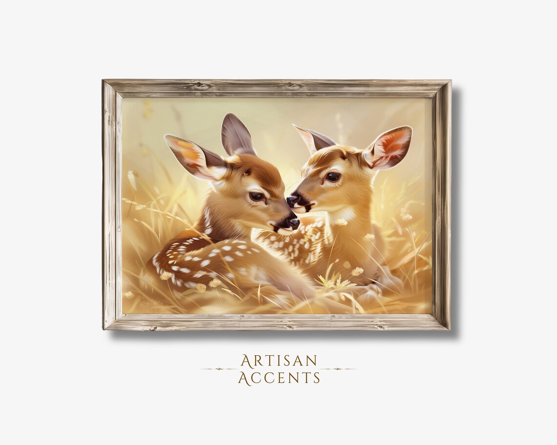 Two Baby Deer Fawns Nuzzling In Golden Meadow Wildlife Art Print