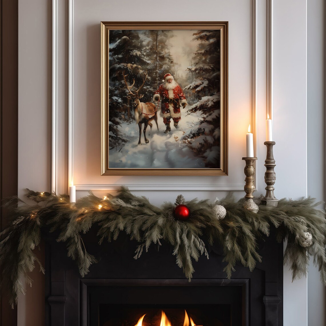 Santa Claus And Reindeer In Snowy Forest Christmas Oil Painting Print - Image 3