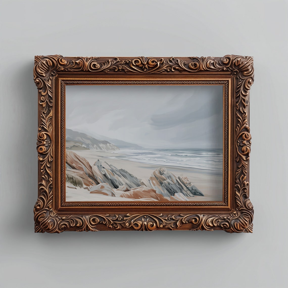 Rocky Cliff Beach With Crashing Waves Moody Coastal Painting Print - Image 5
