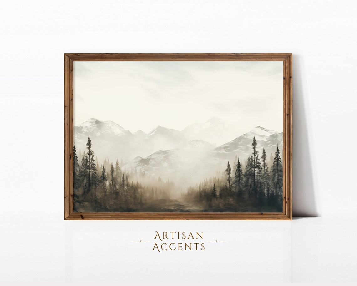 Vintage Mountains Rural Oil Painting Art Print - Image 5