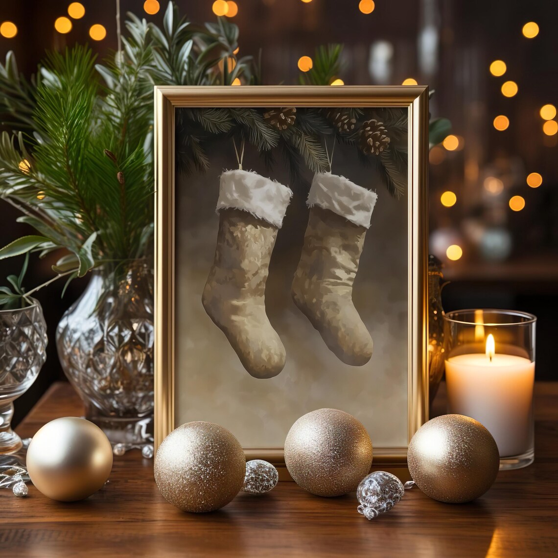 Beige Christmas Stockings Hanging On Pine Rustic Holiday Wall Art - Image 2
