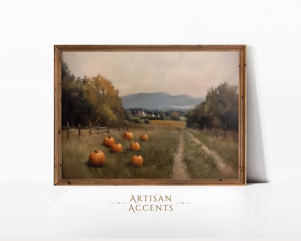 Autumn Pumpkins Landscape Art Print, Moody Fall Decor