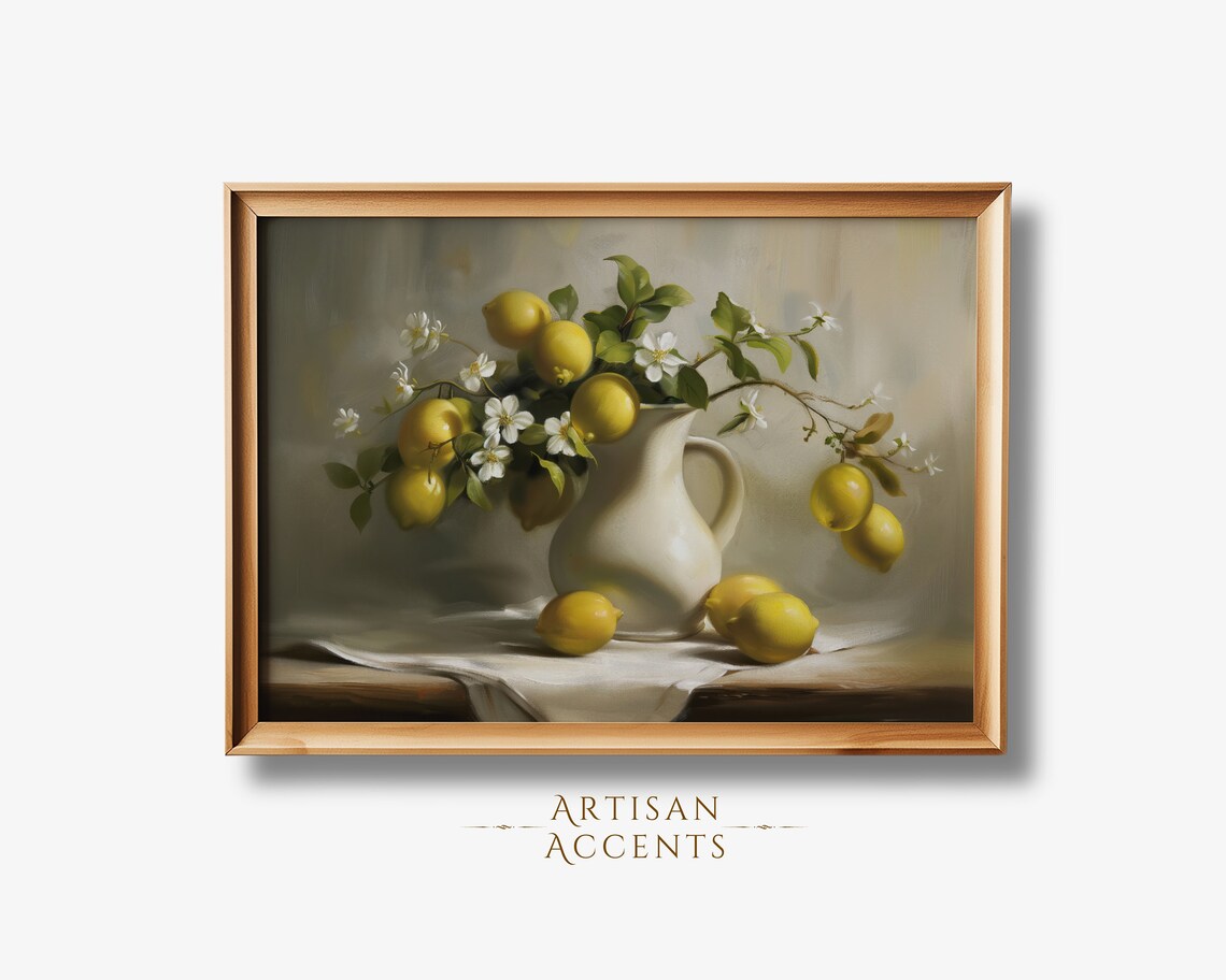 Lemons White Blossoms White Pitcher Rustic Still Life Kitchen Art Print