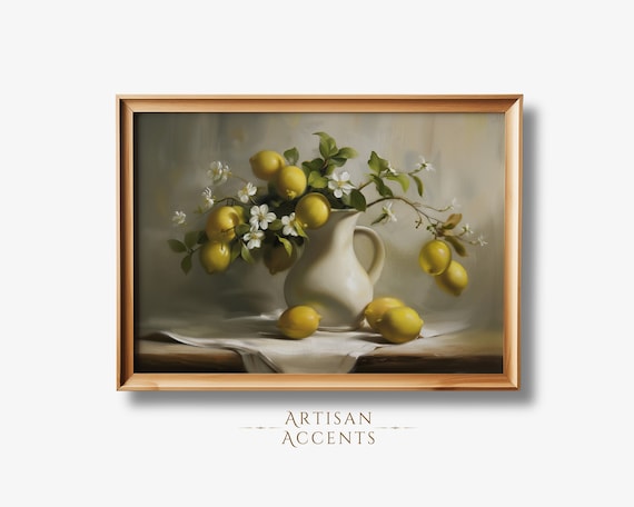 Lemons White Blossoms White Pitcher Rustic Still Life Kitchen Art Print