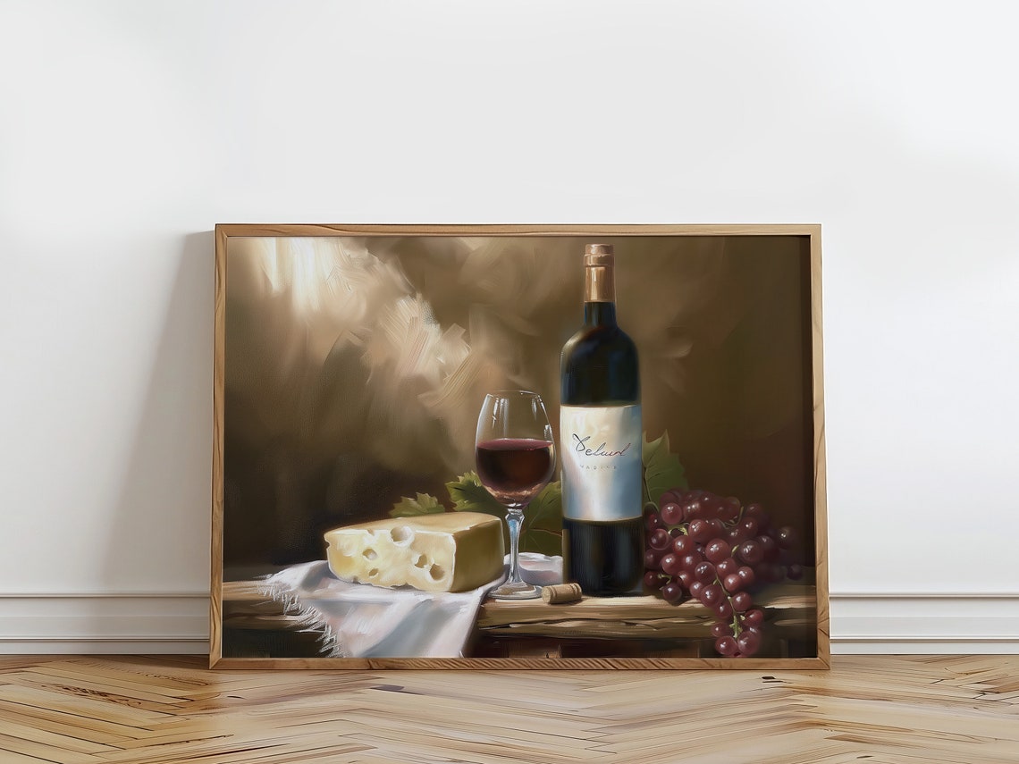 Red Wine Bottle Cheese Grapes Golden Glow Rustic Still Life Art Print - Image 4