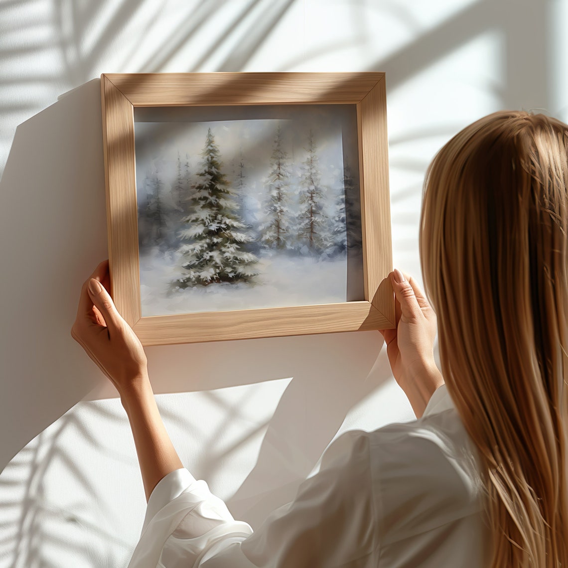 Snow Covered Pine Trees Misty Winter Forest Vintage Painting Print - Image 2