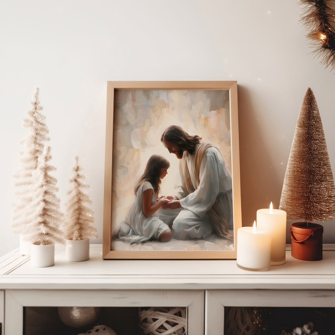 Jesus Praying With Young Girl Soft Light Christian Wall Art Print - Image 4