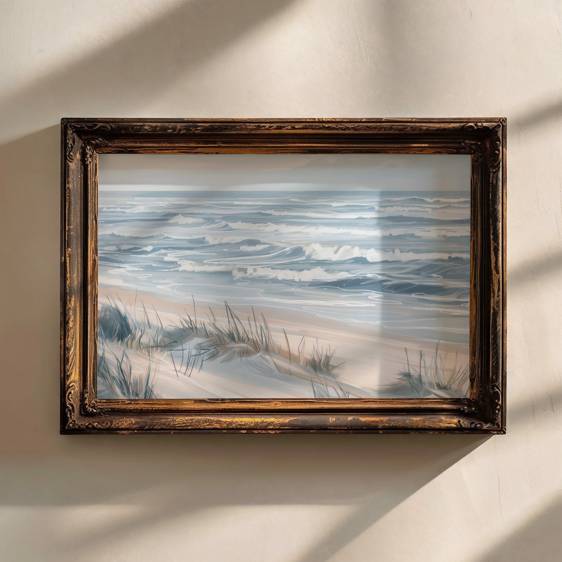 Ocean Waves Rolling Over Sandy Beach Dunes Coastal Painting Print - Image 3