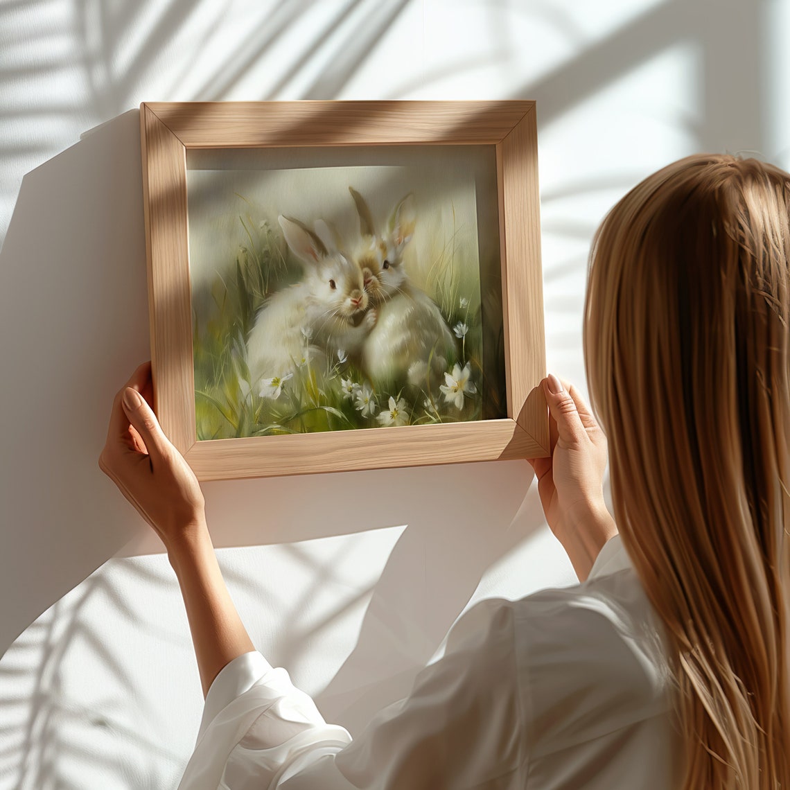 Two Bunnies Cuddling In Wildflower Meadow Sweet Spring Painting Print - Image 3