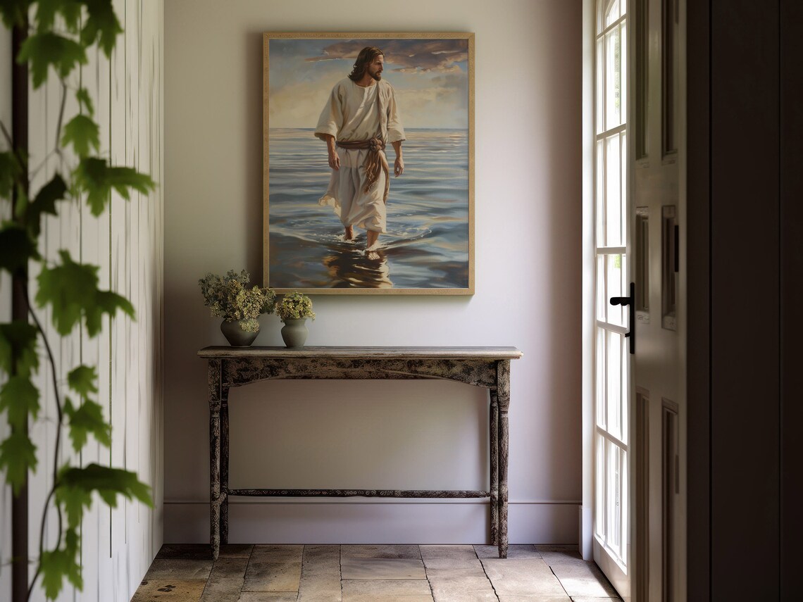 Jesus Walking On Water Serene Ocean Biblical Oil Painting Art Print - Image 5
