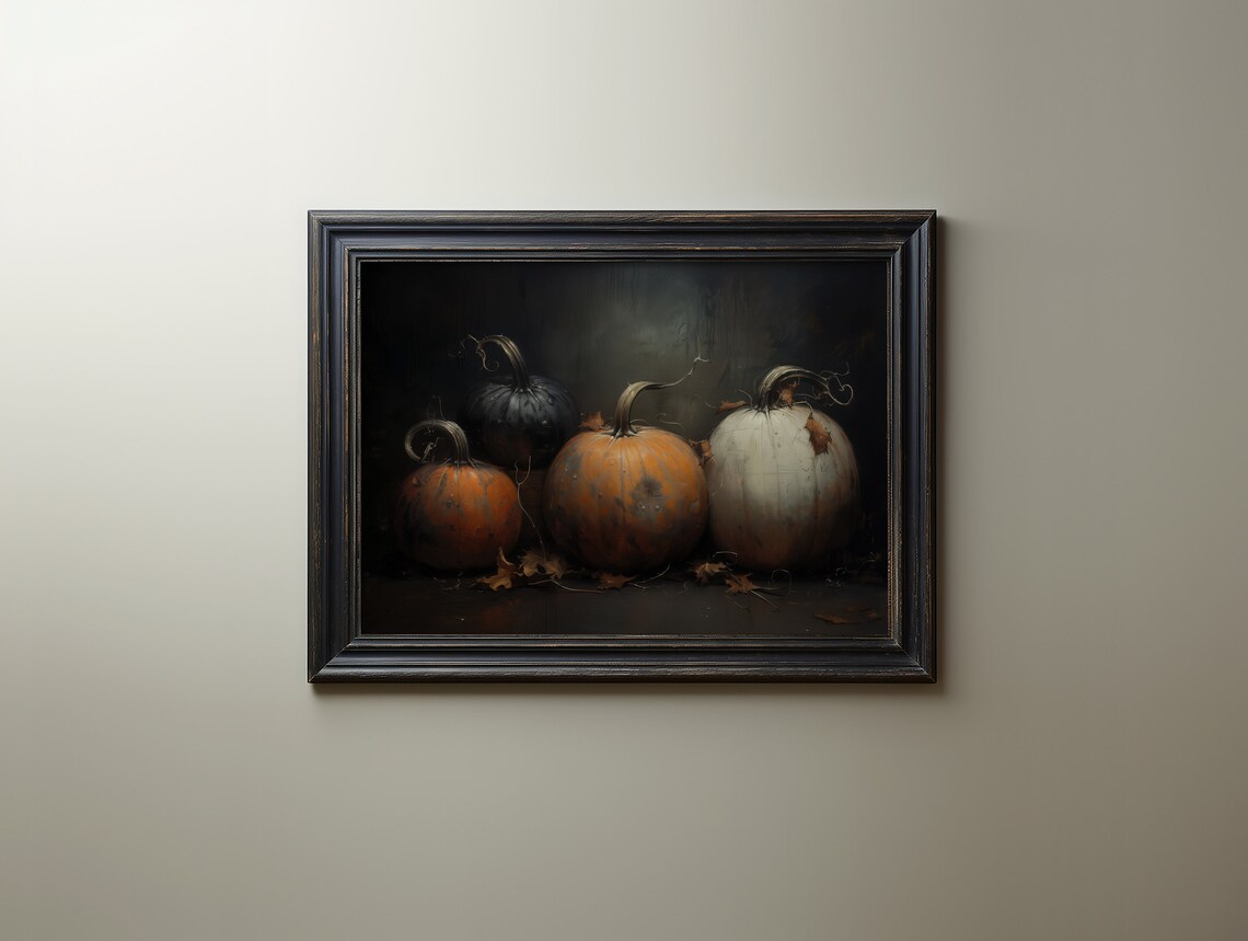 Moody Black And Orange Pumpkins Dark Fall Still Life Oil Painting - Image 4