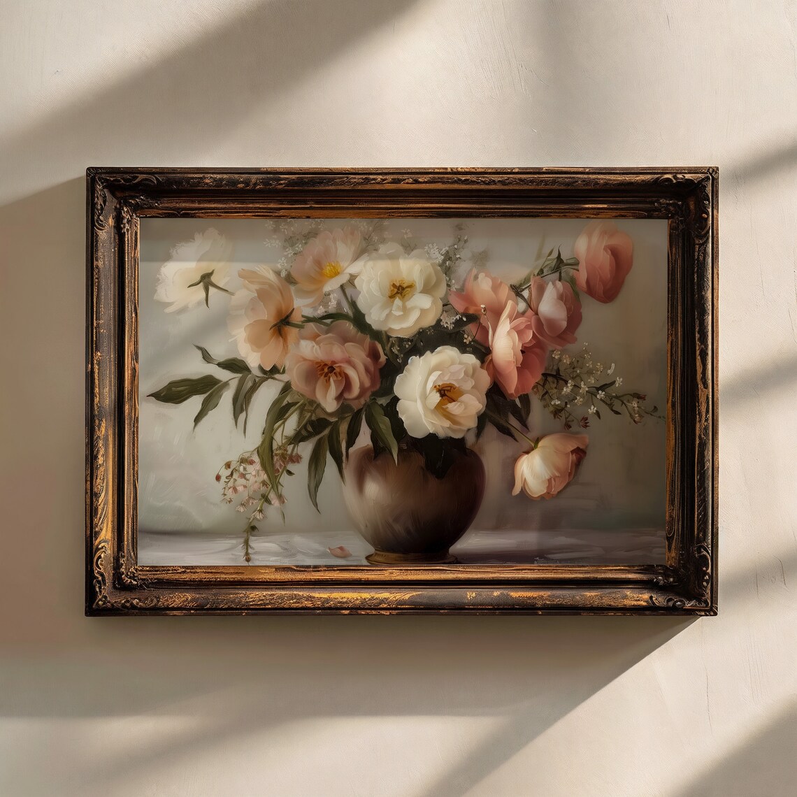 Blush Pink Peonies Bronze Vase Soft Romantic Floral Still Life Print - Image 2
