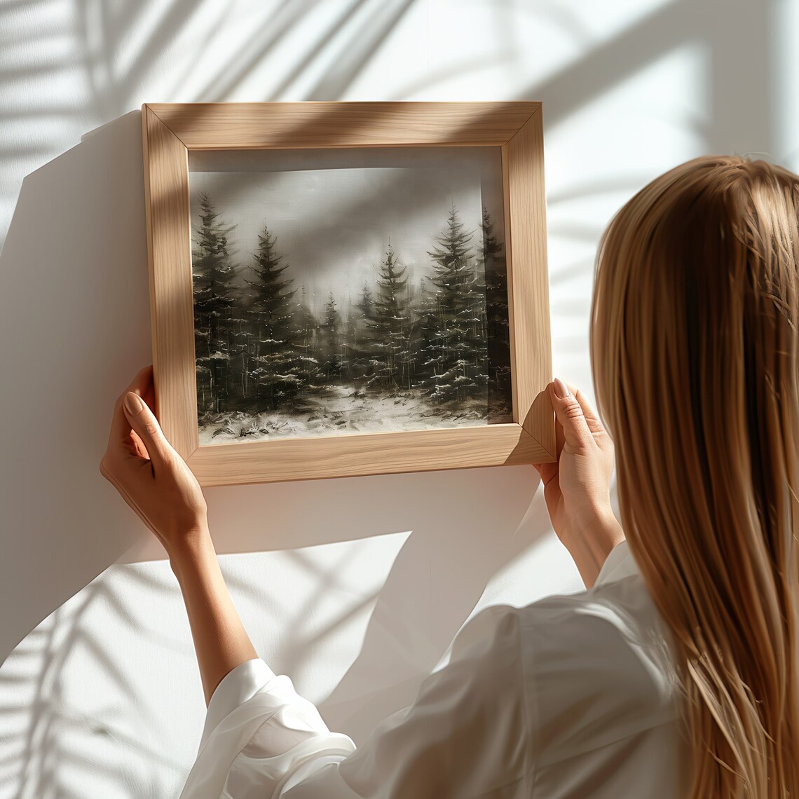 Snowy Pine Forest Winter Trees Monochrome Christmas Landscape Print - Image 2