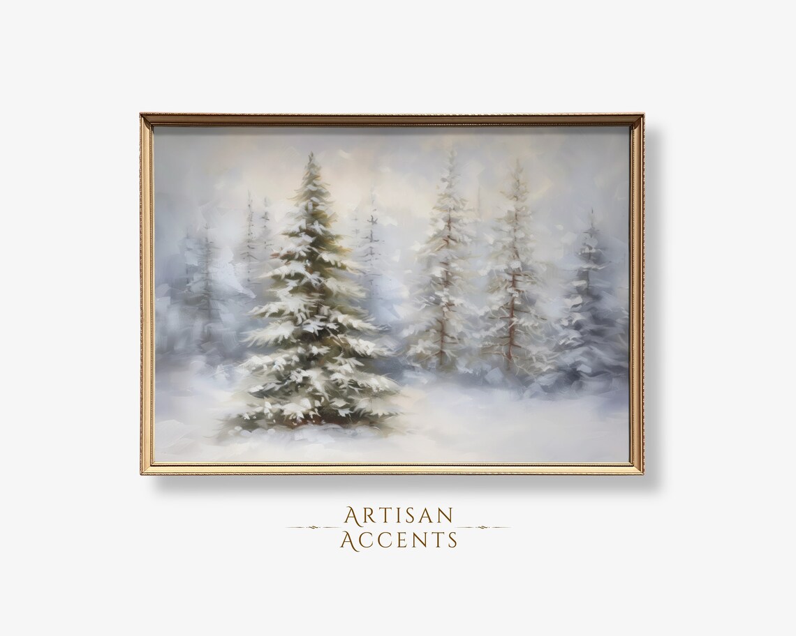 Snow Covered Pine Trees Misty Winter Forest Vintage Painting Print