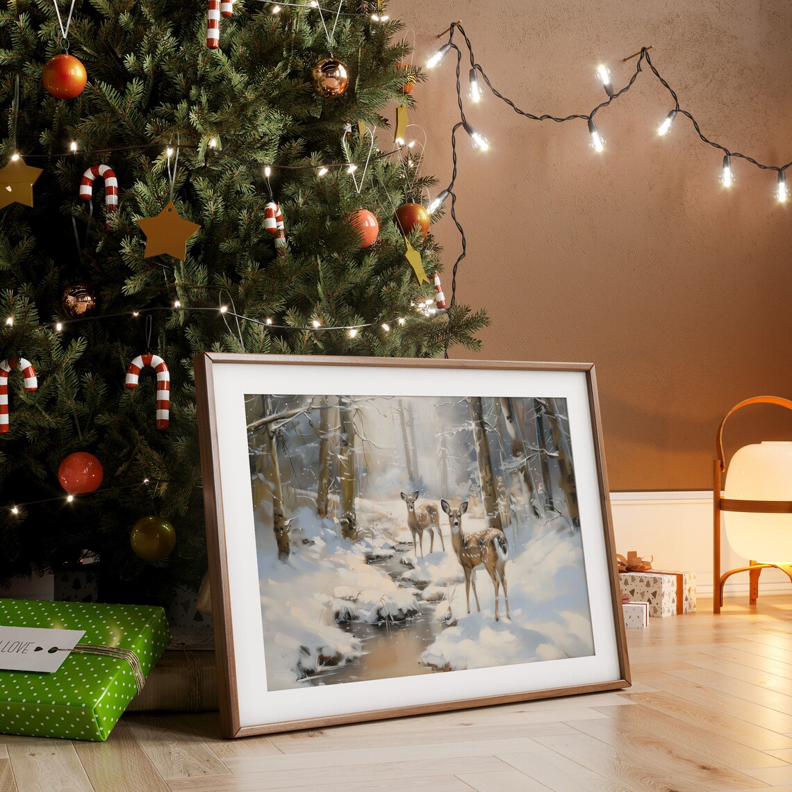 Deer Snowy Winter Forest Stream Vintage Wildlife Oil Painting Poster - Image 5