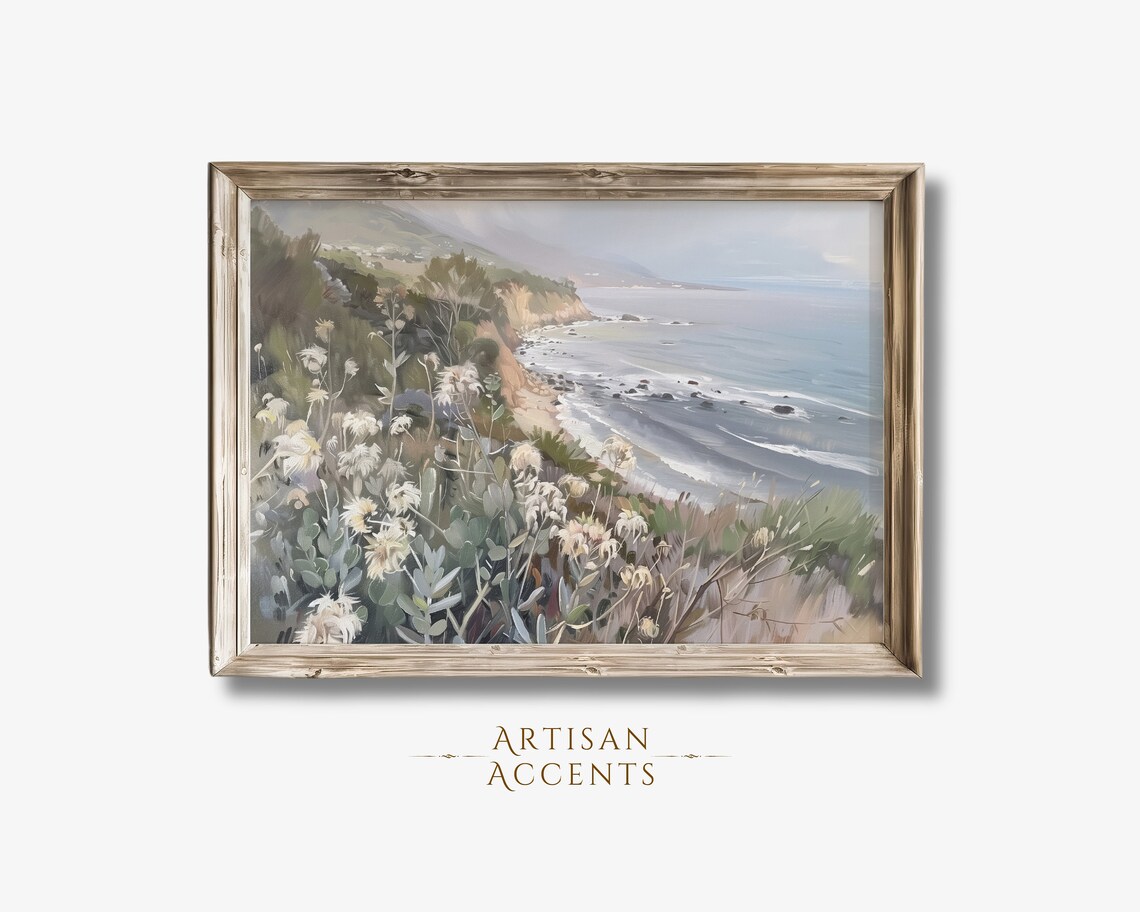 California Coastal Cliffs Wildflowers Ocean View Oil Painting Wall Art