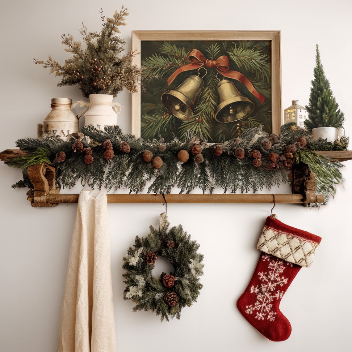 Golden Christmas Bells With Red Bow Pine Vintage Holiday Art Print - Image 5