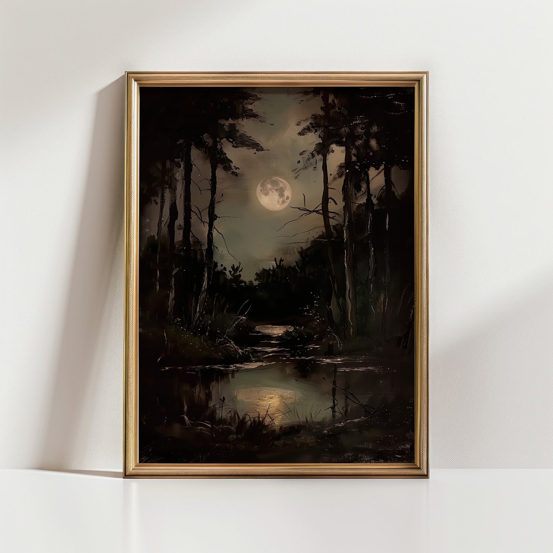 Moonlit Dark Forest Pond Gothic Moody Landscape Oil Painting Print - Image 4
