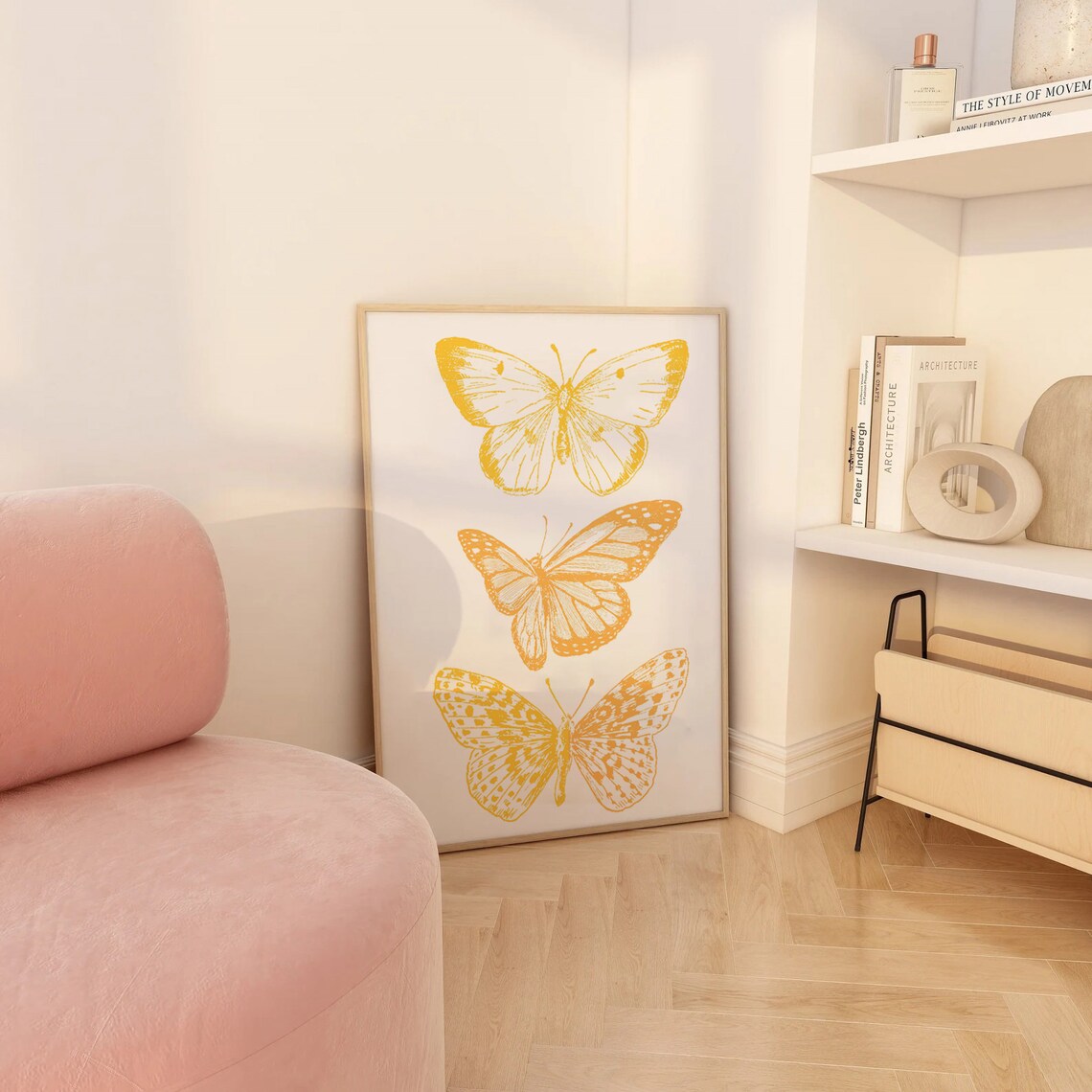 Yellow Orange Butterflies Trio Retro Botanical Insect Poster - Image 3