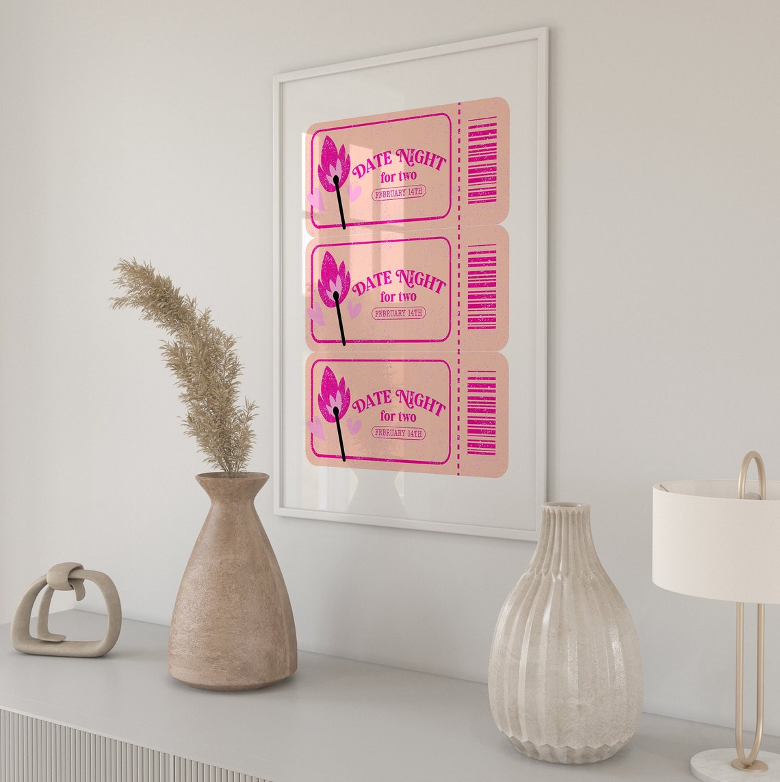 Date Night For Two Valentine Pink Matchbook Ticket Romance Wall Poster