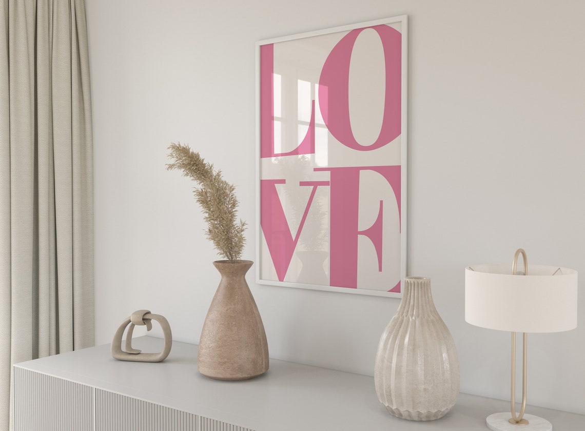 Love Large Pink Serif Typography Minimalist Bedroom Wall Decor Poster