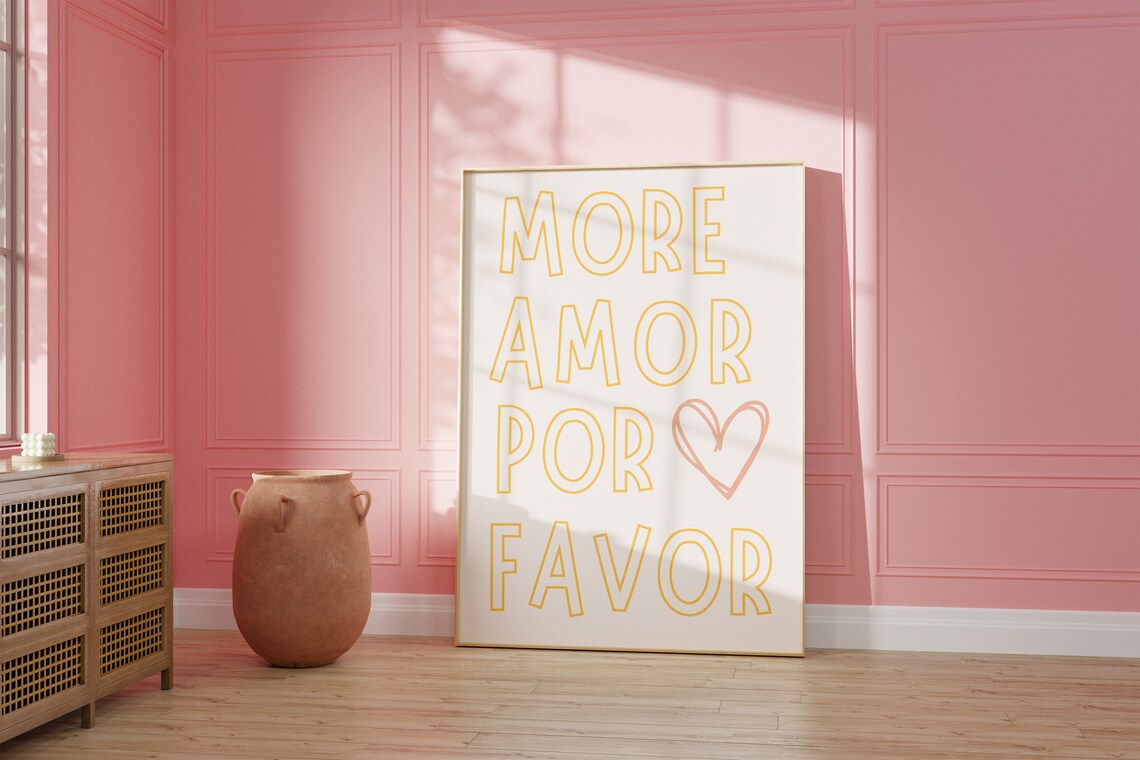 More Amor Por Favor Yellow Typography Pink Heart Love Poster - Image 4