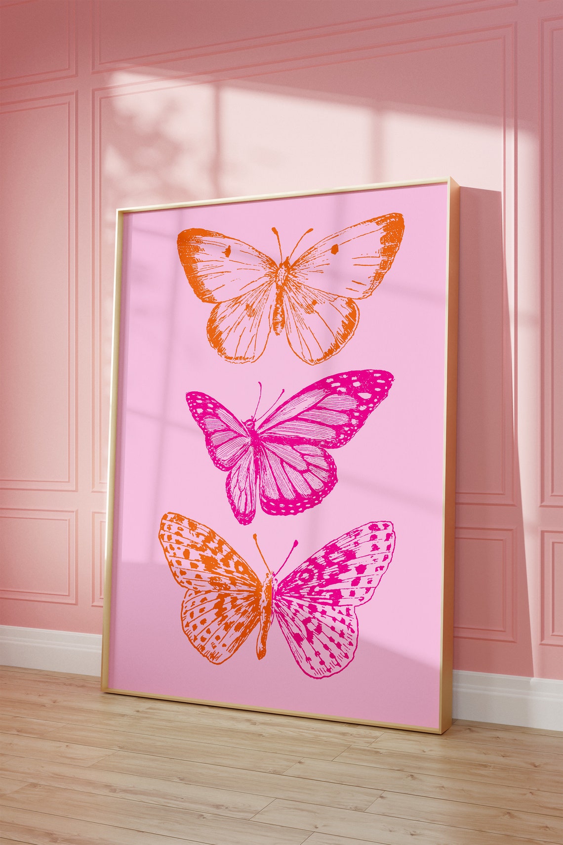 Pink Orange Butterfly Trio Vintage Style Illustration Poster - Image 4