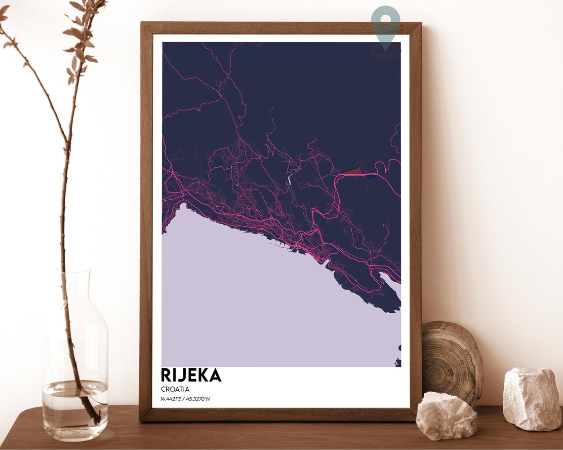 Rijeka Croatia Golden Yellow Navy Coastal City Map Home Decor Poster - Image 3