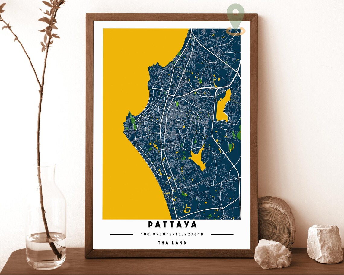 Pattaya Thailand City Street Map Gold Modern Art Print for Bold Graphic Walls