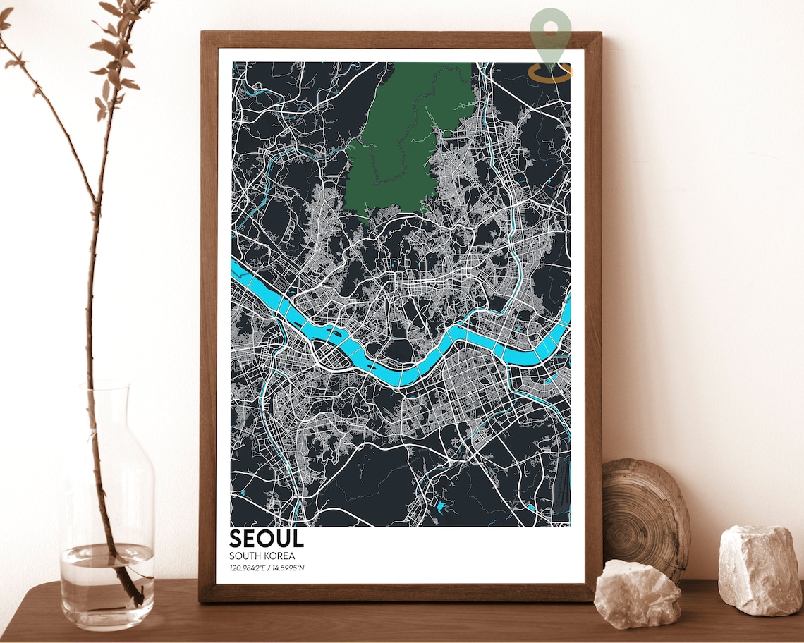 Seoul South Korea Dark Blue Modern City Street Map Art Poster