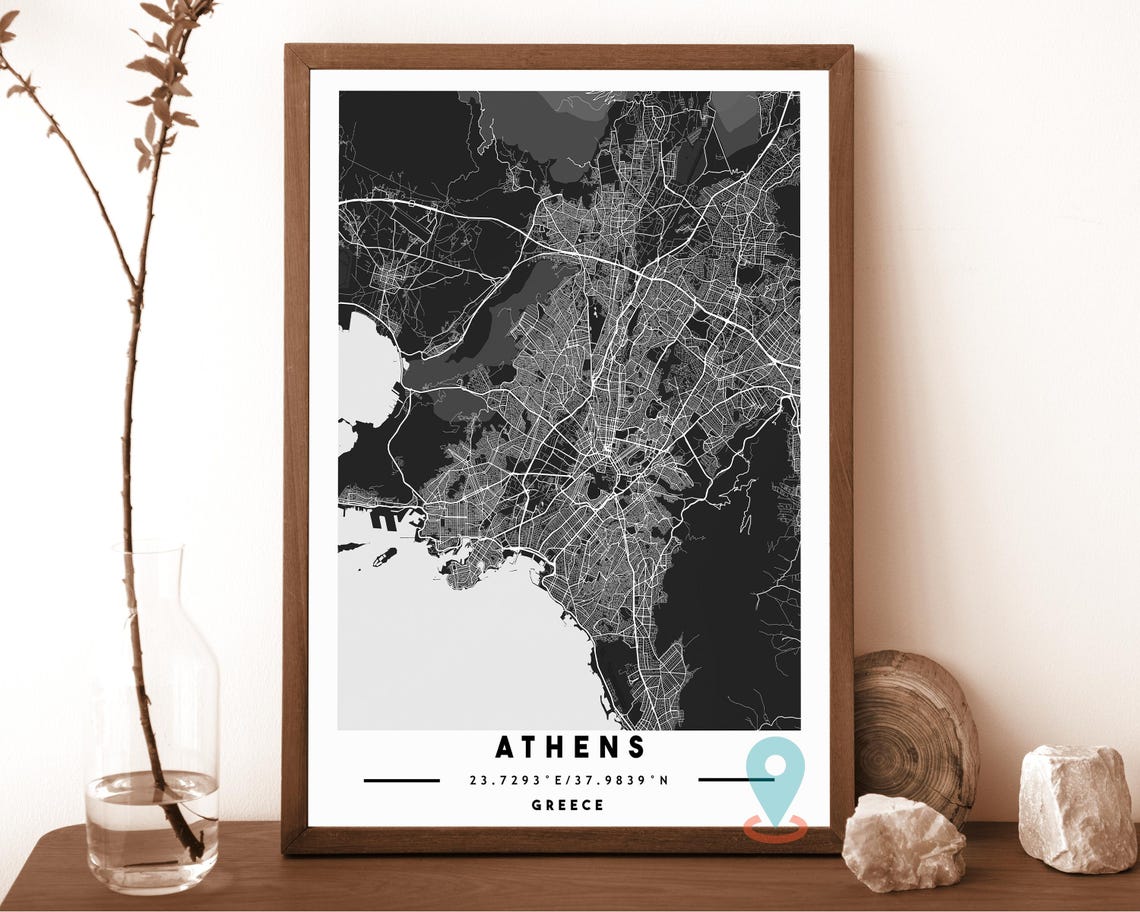 Athens Greece grey with pink water Street Map Coordinates Poster - Image 4