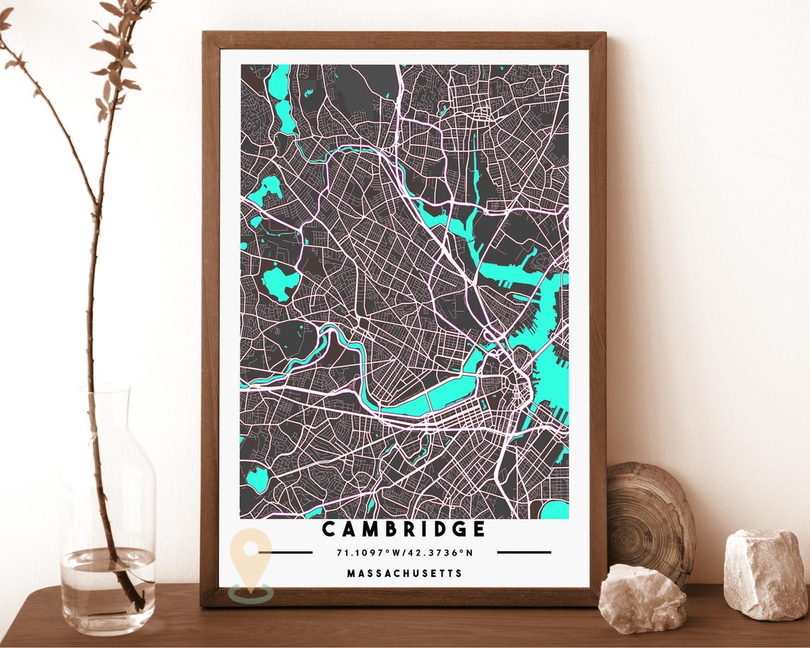 Cambridge Massachusetts City Street Map Gray Blue Poster Decor - Image 4