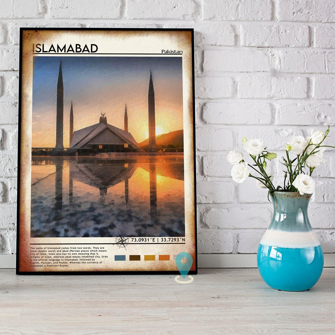Islamabad Pakistan Faisal Mosque Sunset Reflection Watercolor Poster - Image 3