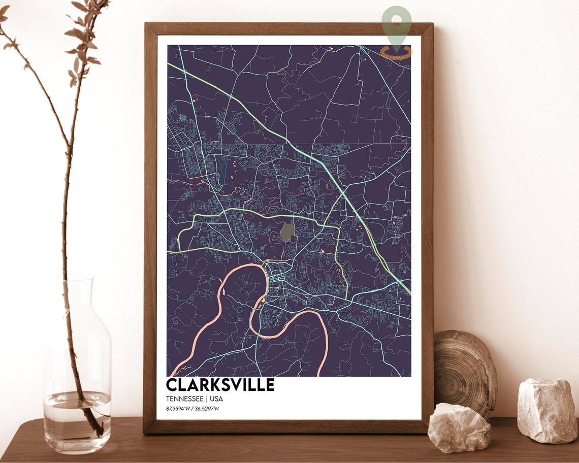 Clarksville Tennessee Night Style City Street Map Purple Grid Art Print
