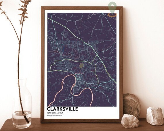 Clarksville Tennessee Night Style City Street Map Purple Grid Art Print