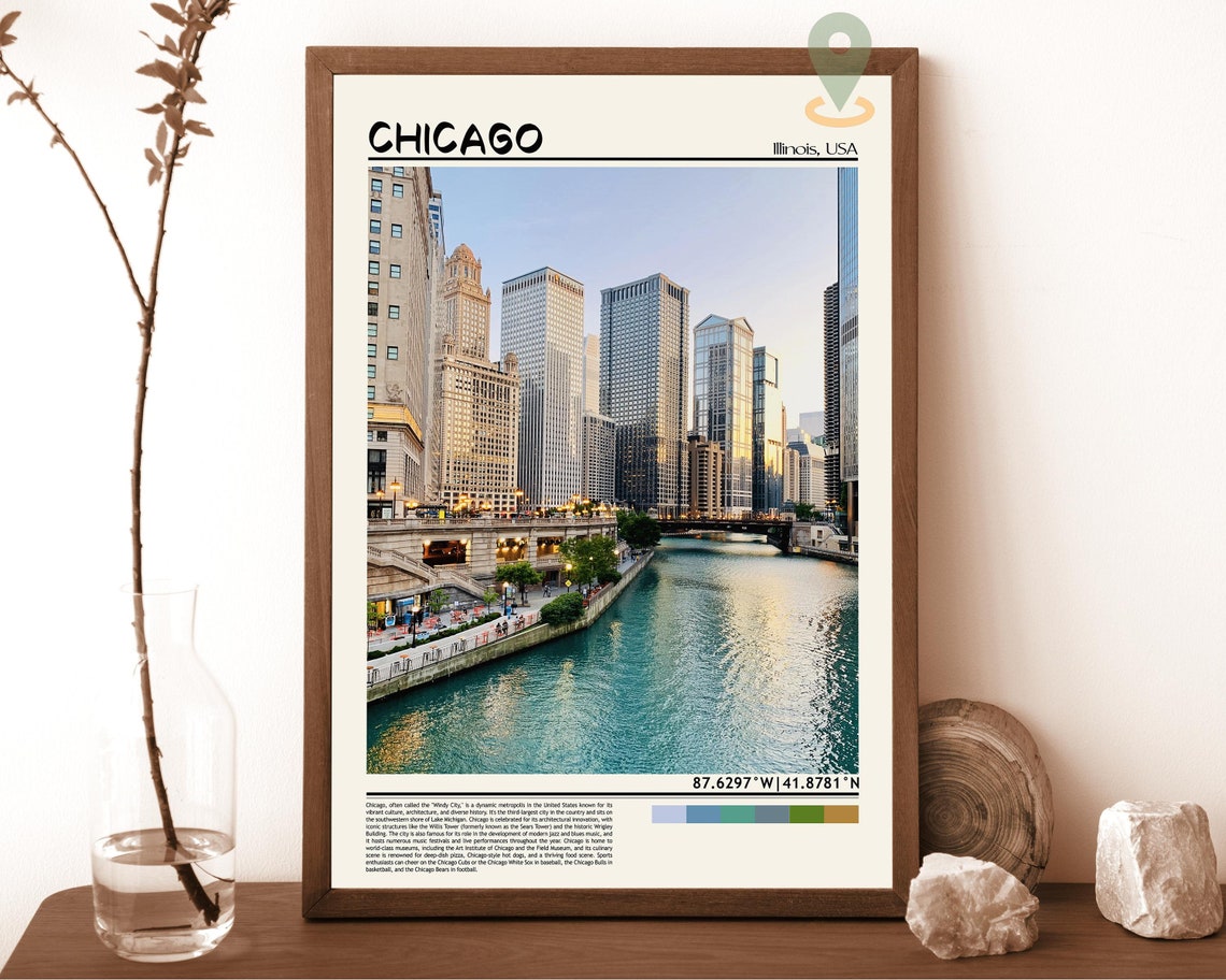 Chicago Illinois River Skyline Downtown Sunset Travel Poster