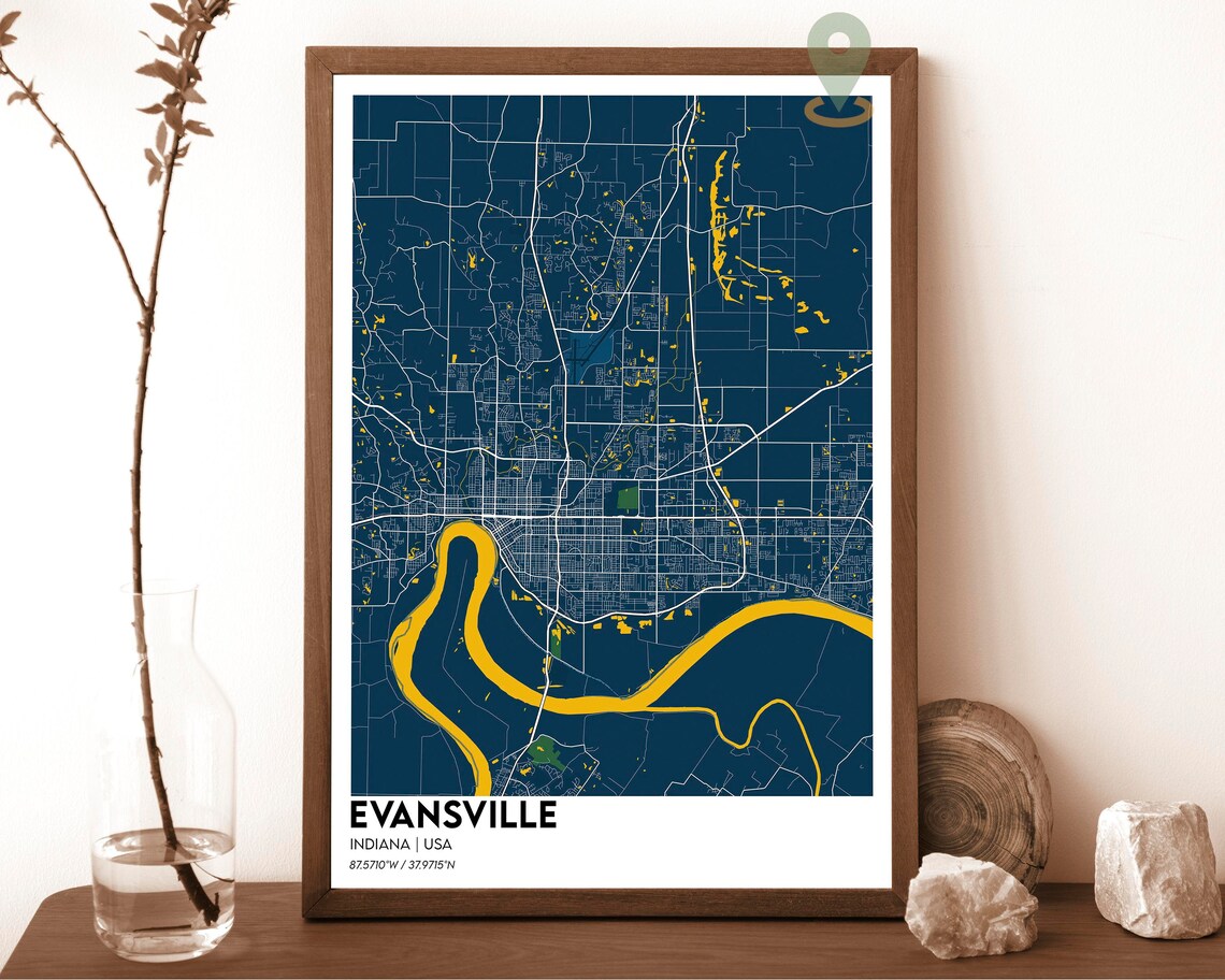 Evansville Indiana Dark Street Map Orange River City Art Poster - Image 6
