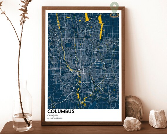Columbus Ohio Navy Yellow Modern City Map Street Grid Art Poster