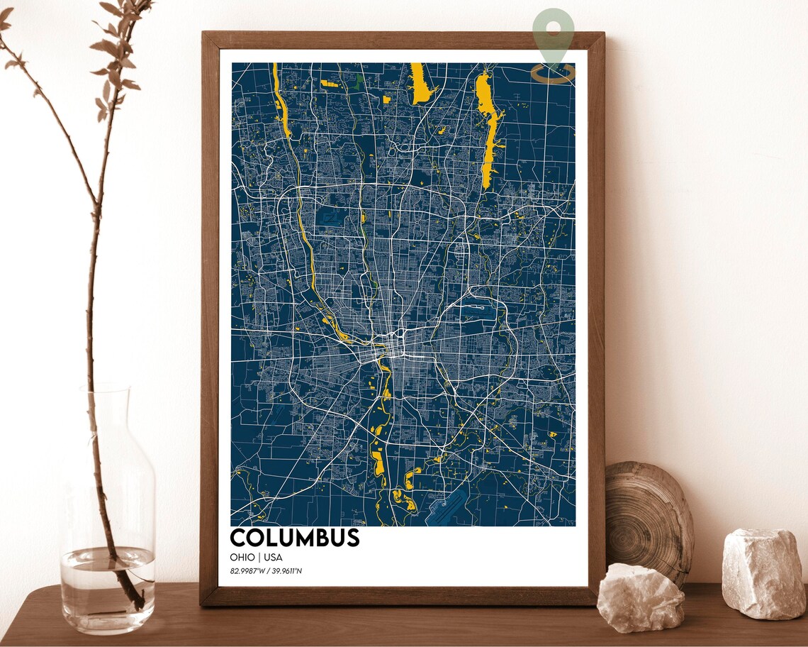 Columbus Ohio Navy Yellow Modern City Map Street Grid Art Poster
