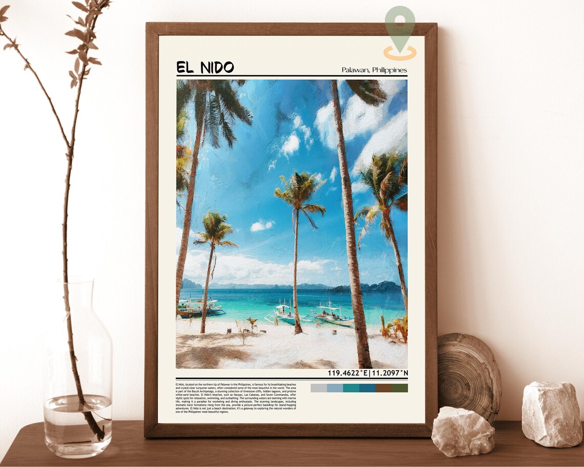 El Nido Palawan Tropical Beach Palm Tree Vintage Travel Poster
