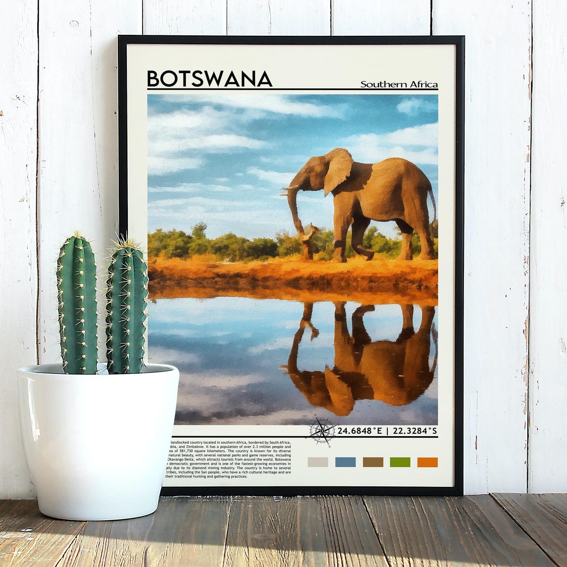 Botswana Southern Africa Elephant Waterhole Reflection Travel Poster - Image 3